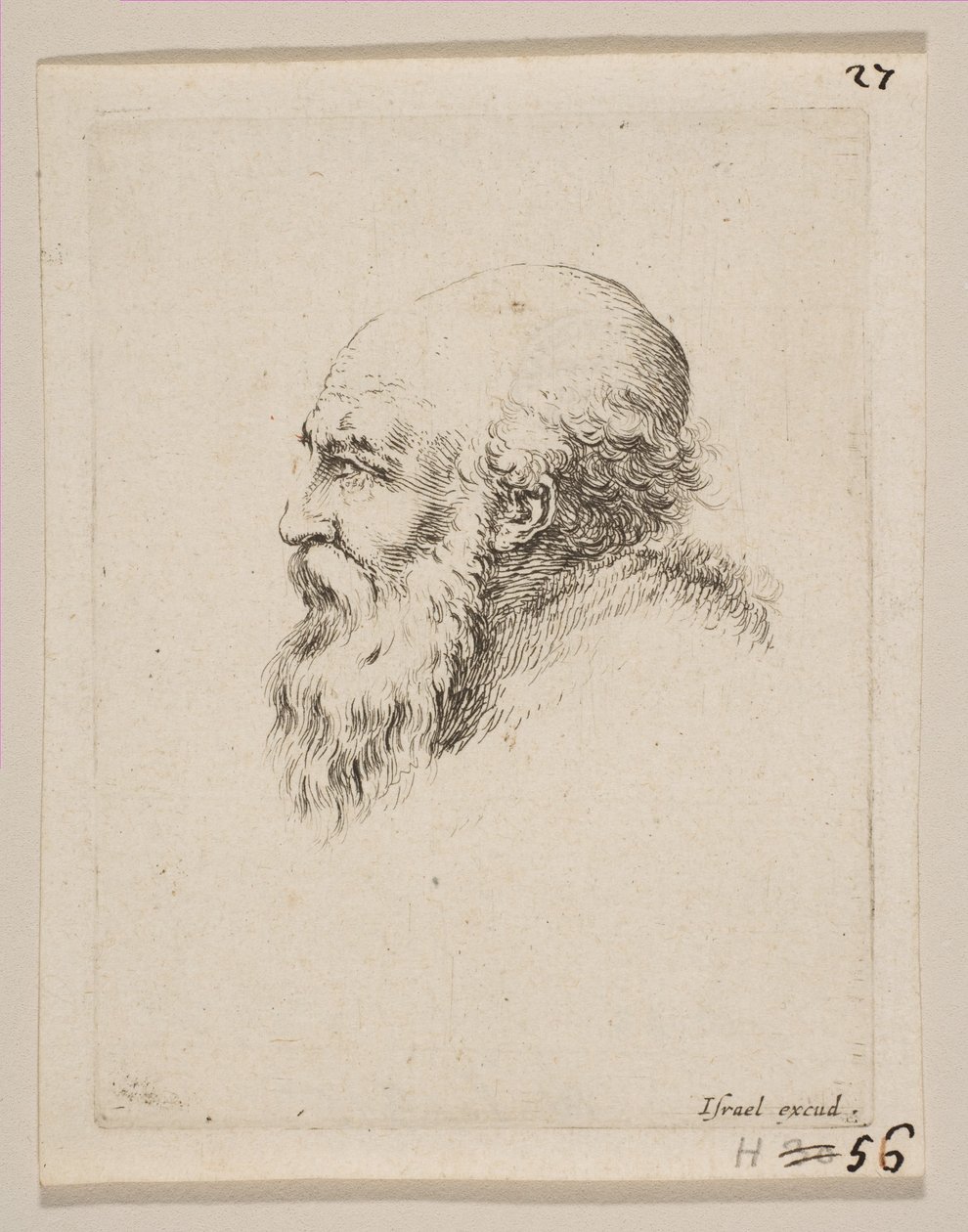 Chef för en skallig och skäggig gammal man i profil, från Various heads and figures Diverses ..., 1650. av Stefano della Bella