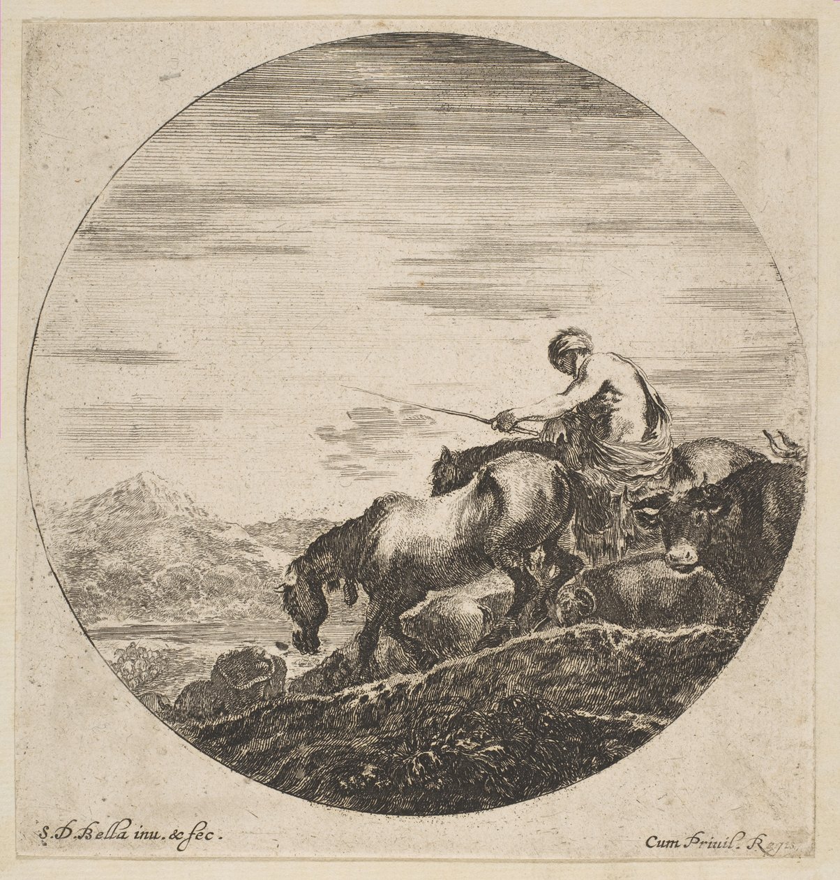 Herde till häst driver djur, från Sex djurämnen Sex sujets danimaux, ca. 1646. av Stefano della Bella