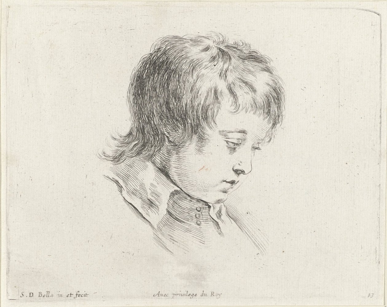 Huvudet av en ung man, tittar ner till höger Grunderna i ritning (serietitel) I principii del disegno (serietitel) av Stefano della Bella
