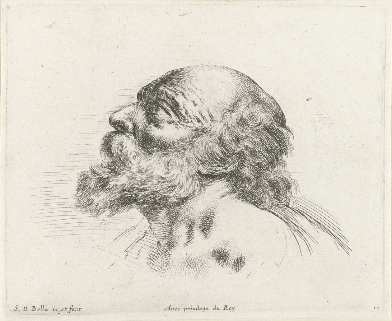 Huvudet på en skallig gubbe med skägg, i profil till vänster (möjligen St. Peter) Grunderna i ritning (serietitel) I principii del disegno (serietitel) av Stefano della Bella