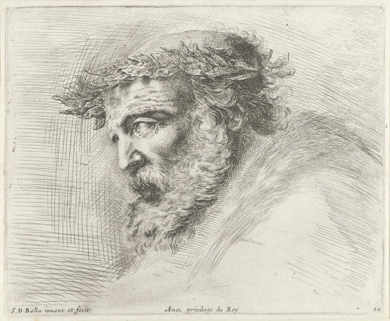 Huvud på en gammal man med skägg och lagerkrans, i profil till vänster Grunderna i ritning (serietitel) I principii del disegno (serietitel) av Stefano della Bella
