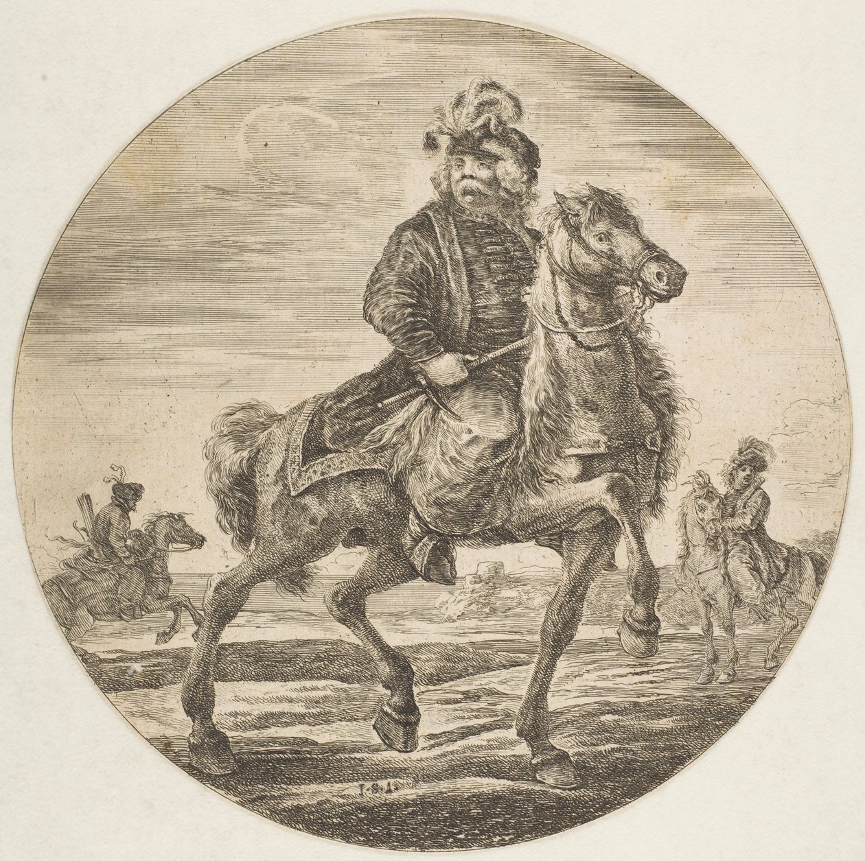 Ungersk ryttare rider åt höger, andra ryttare i bakgrunden, en cirku..., ca. 1651. av Stefano della Bella
