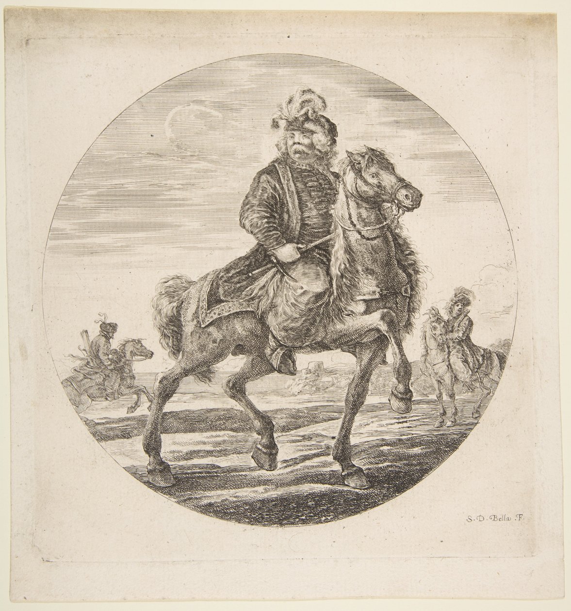 Ungersk ryttare rider åt höger, andra ryttare i bakgrunden, en cirku..., ca. 1651. av Stefano della Bella