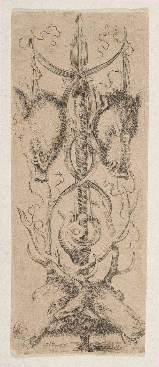 Jakttrofé med hjorthuvuden i botten, ca. 1653. av Stefano della Bella