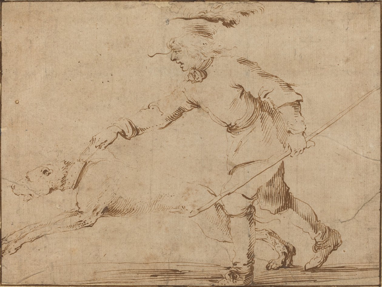Jägare med en hund i koppel. av Stefano della Bella