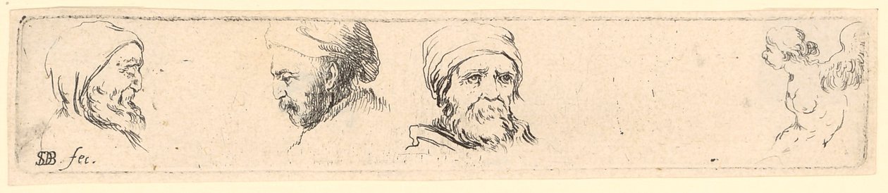 Huvudstudier av tre filosofer, till höger studie av en bevingad figur av Stefano della Bella
