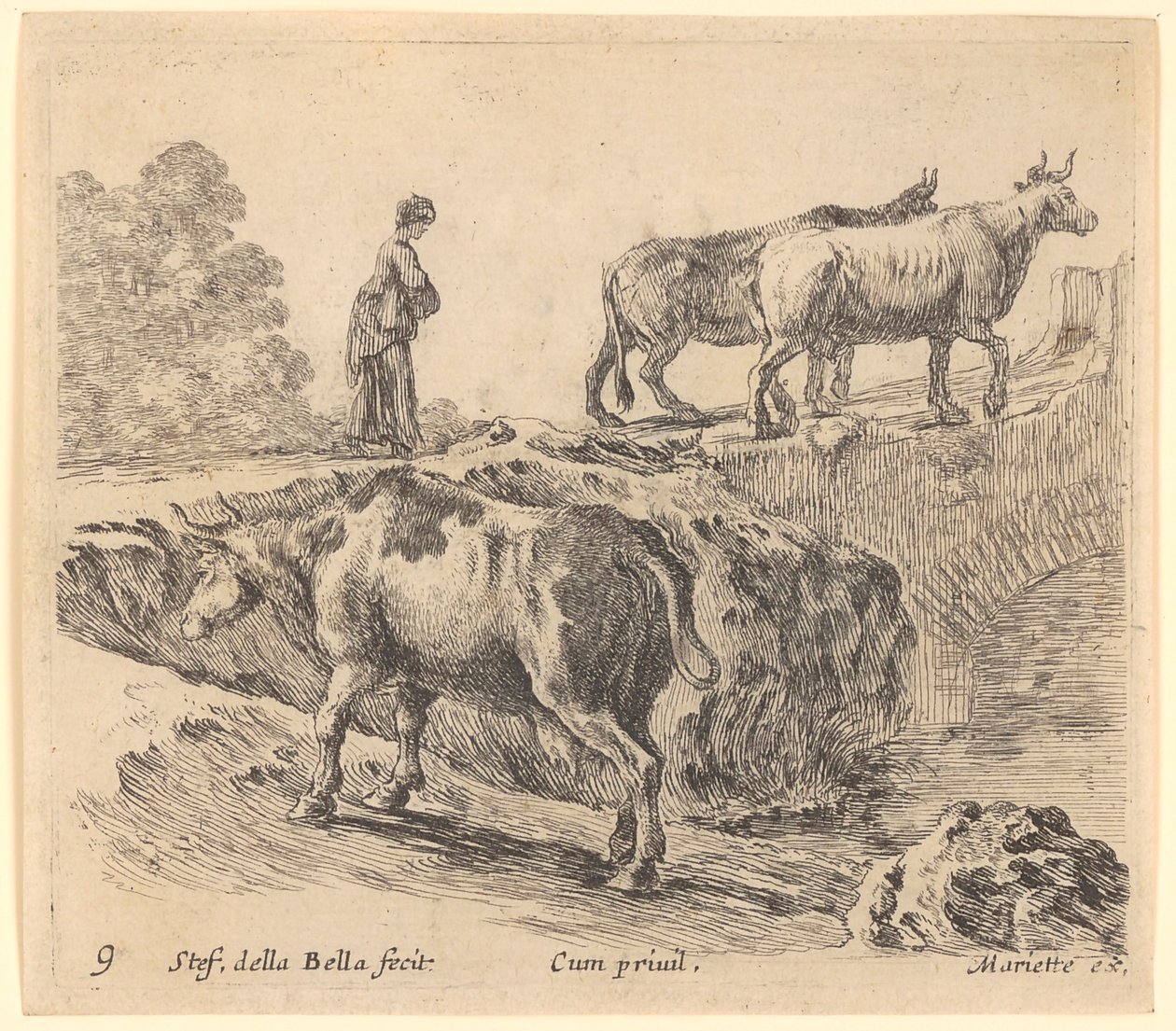 Ko går uppför en kulle, i bakgrunden går en bondkvinna med två kor ut på en bro av Stefano della Bella
