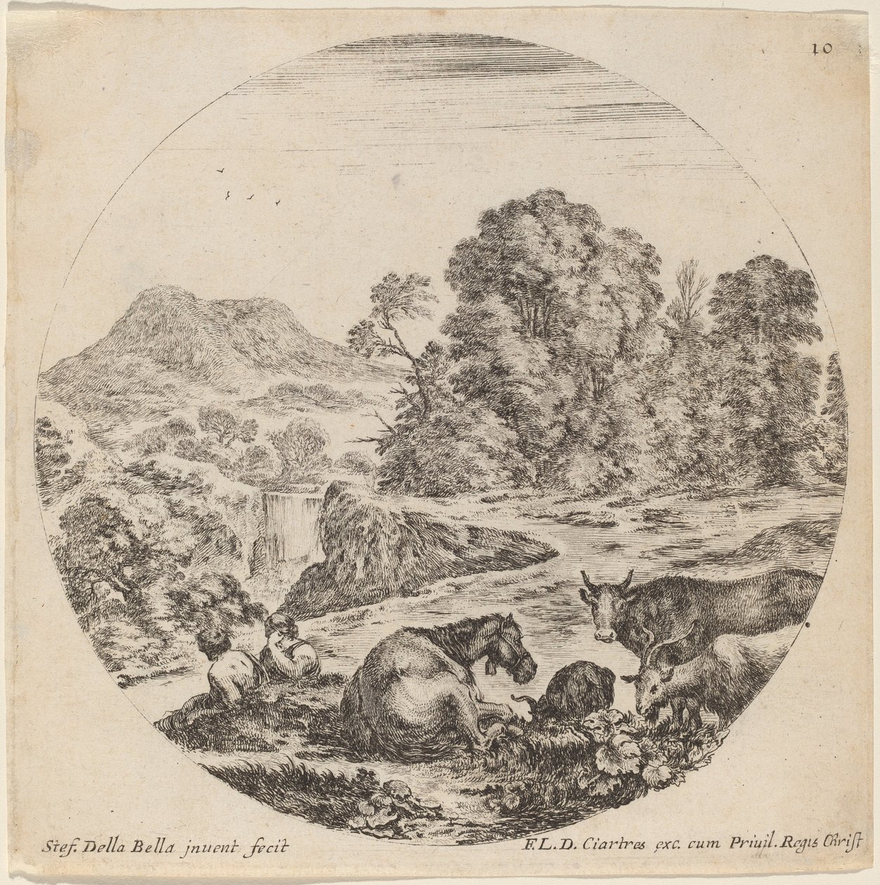 Landskap med djur och två sittande herdar, 1646. av Stefano della Bella