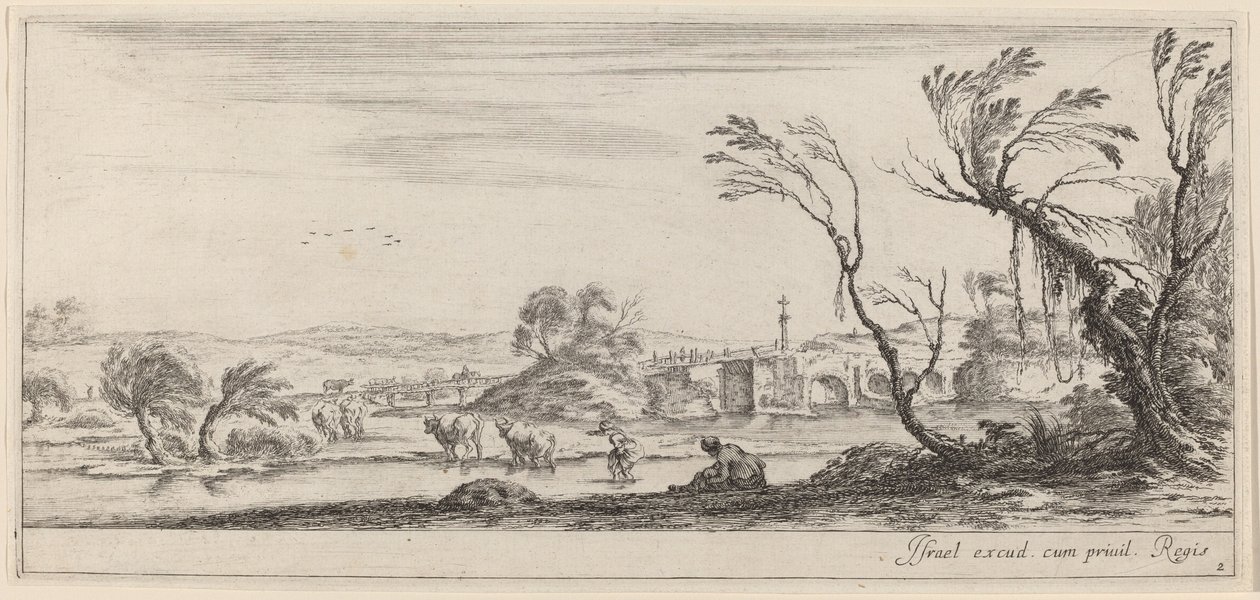 Landskap med bonde som förbereder sig för att korsa en bäck, i eller före 1647. av Stefano della Bella