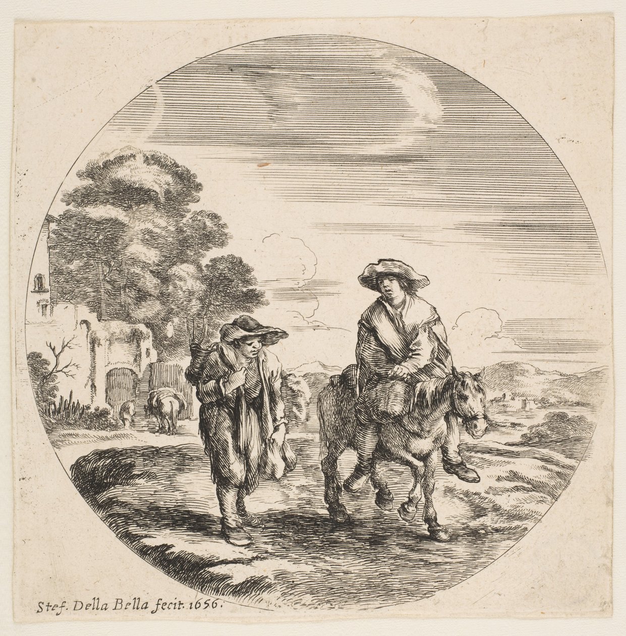 Landskap med två bönder, en som rider på en häst, från landskap och hamnar Paysages ..., 1656. av Stefano della Bella