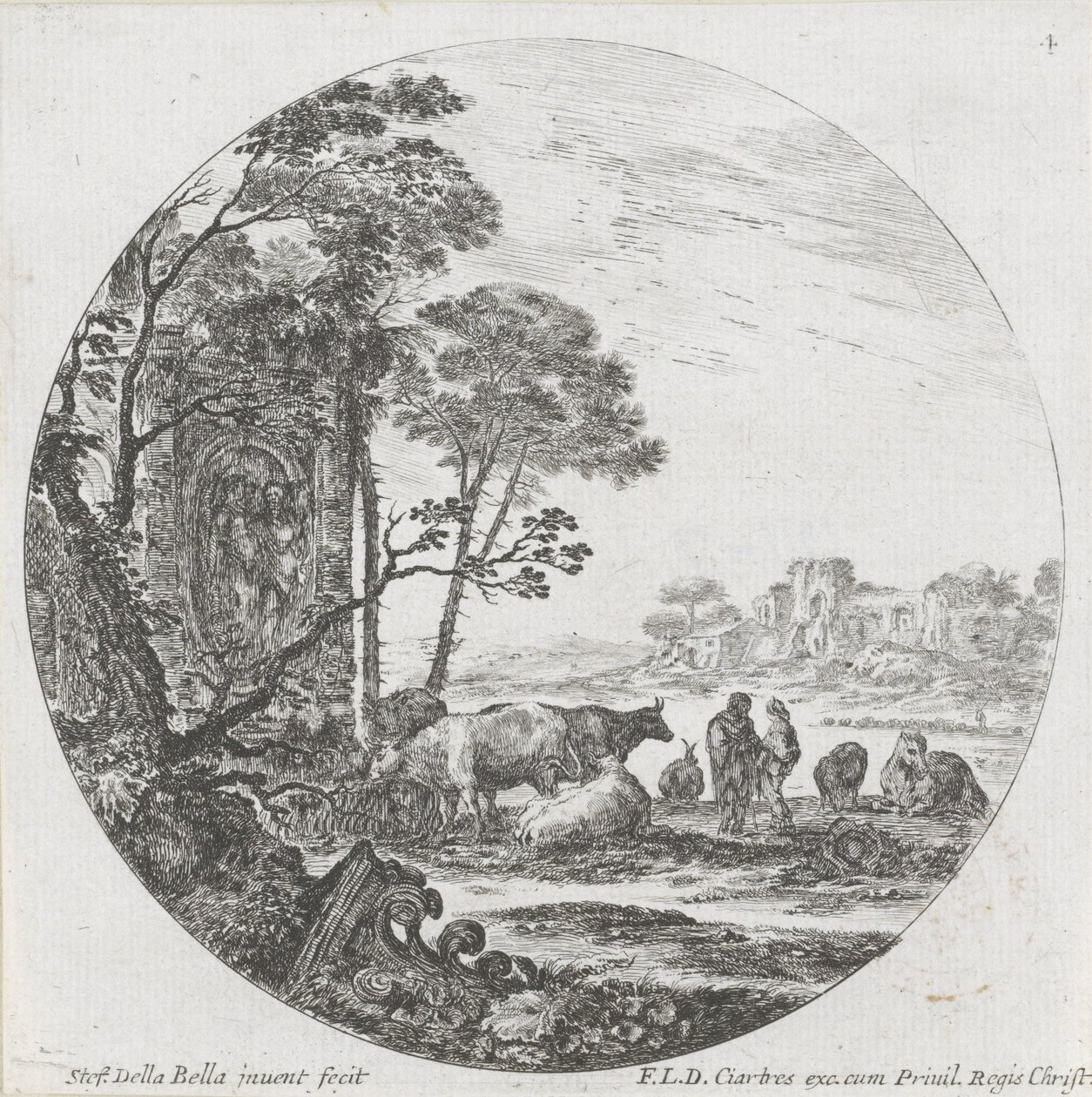 Landskap med flock och korintisk huvudstad Landskap och ruiner i Rom (serietitel) Paysages et ruines de Rome (serietitel) av Stefano della Bella