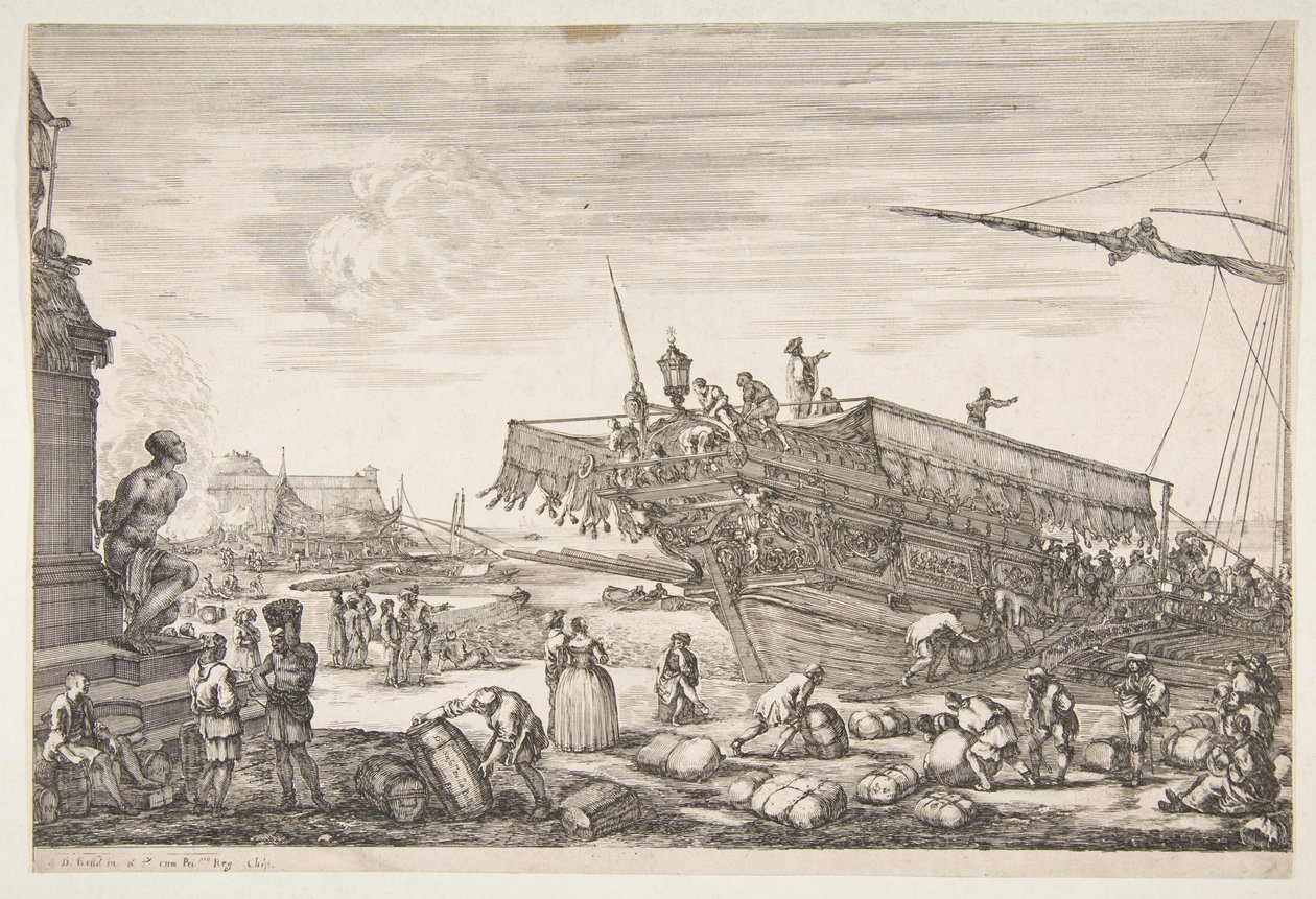 Laddar ett pentry, från Utsikt över hamnen i Livorno Vues du port de Livourne, 1654-55. av Stefano della Bella