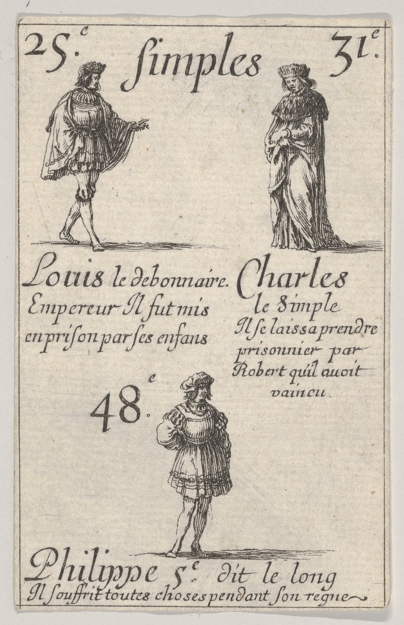 Louis le debonnaire... Charles le Simple, från Game of the Kings of France Jeu des Rois..., 1644. av Stefano della Bella