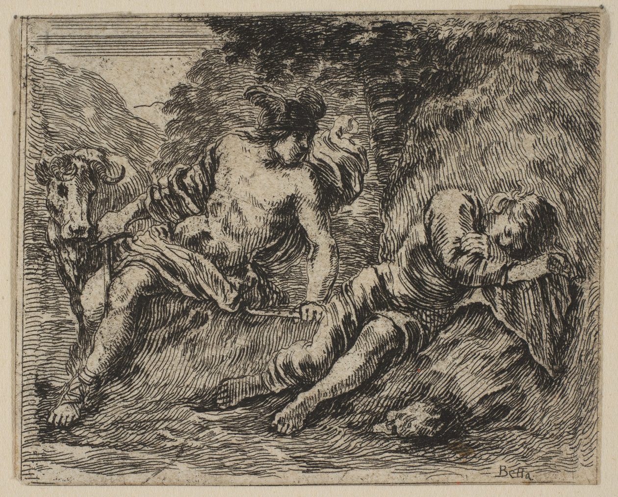Mercury and Argus, från Game of Mythology Jeu de la Mythologie, 1644. av Stefano della Bella