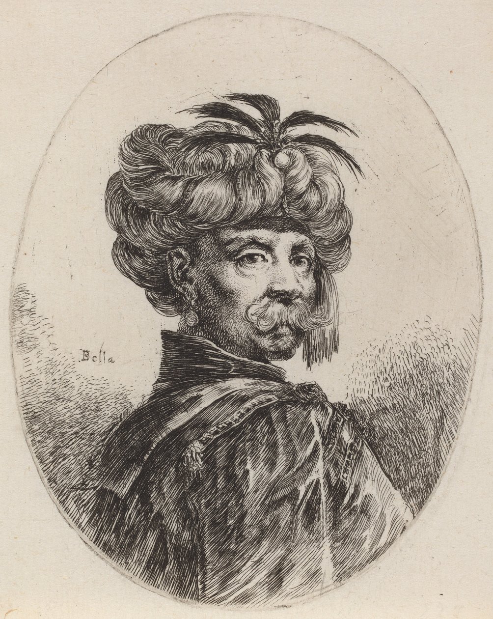 Förtöja i en turban trimmad med fem fjädrar, 16491650. av Stefano della Bella