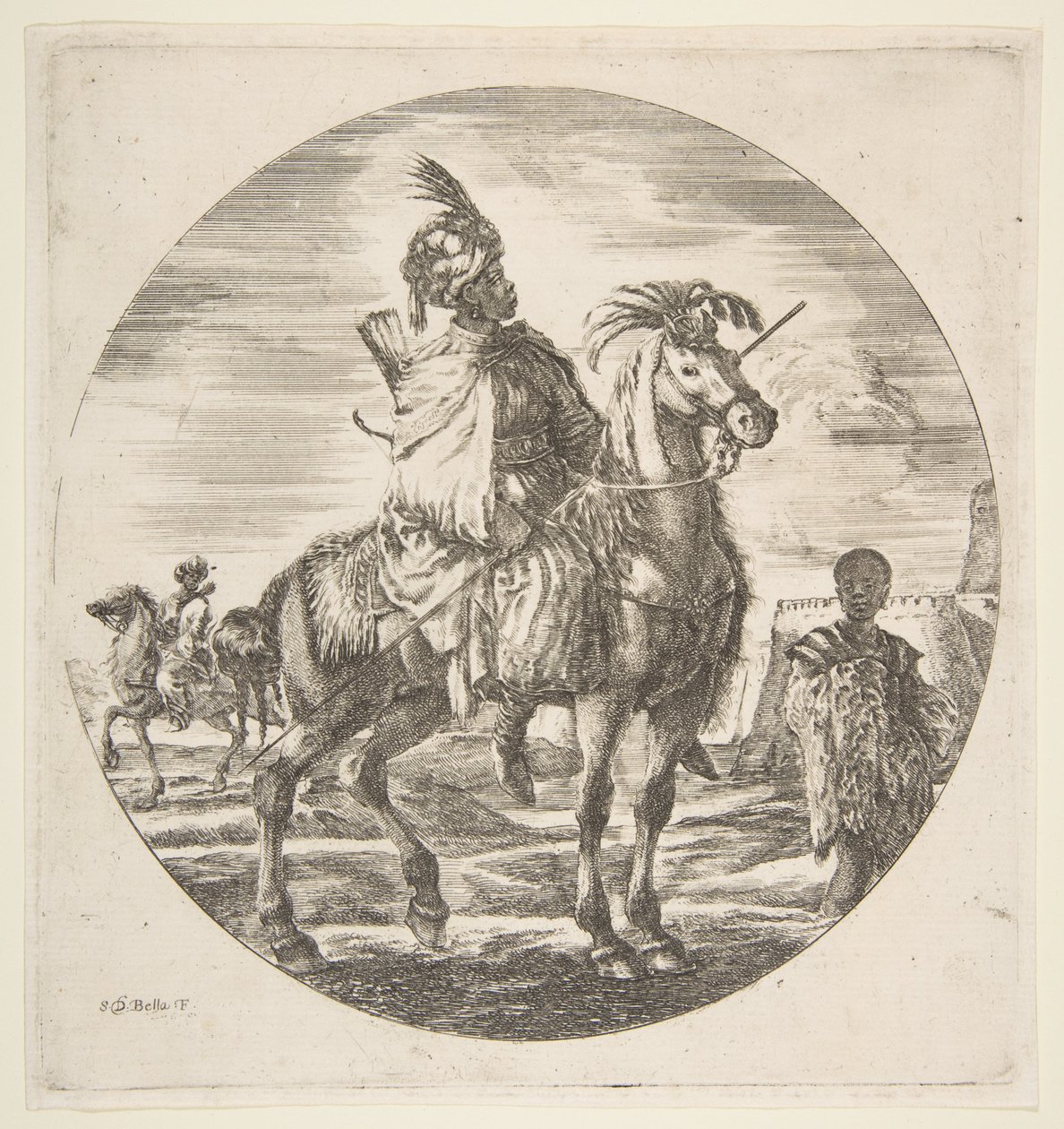 Morisk ryttare i profil vänd åt höger, en svart slav som håller en päls till höger, en annan..., ca. 1651. av Stefano della Bella