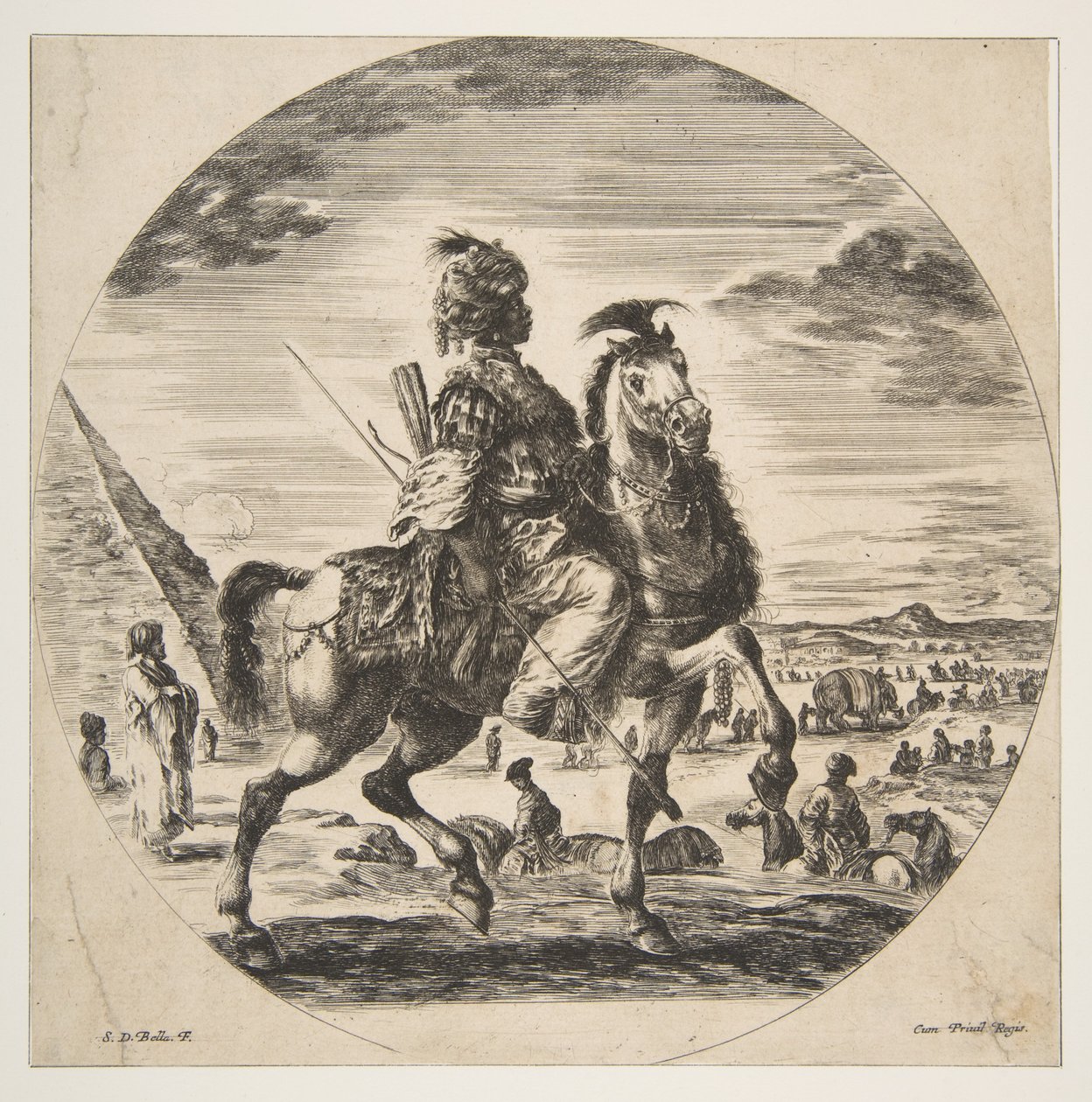 Morisk ryttare i profil vänd höger, i bakgrunden en pyramid till vänster, många fi..., ca. 1651. av Stefano della Bella