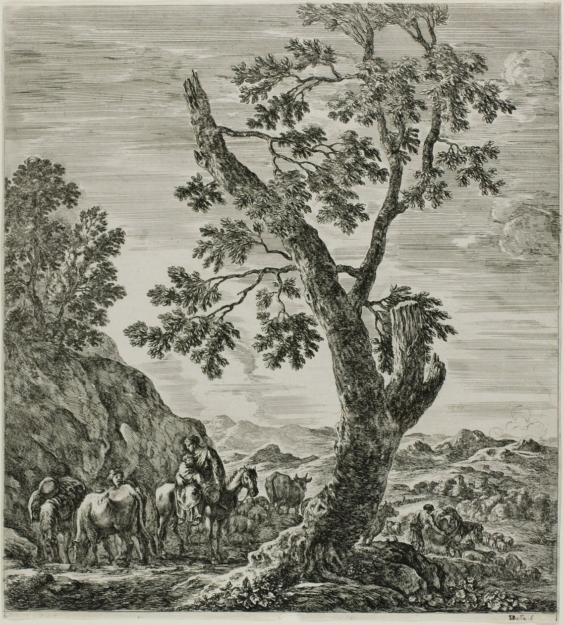 Beriden bonde med ett barn i famnen, tallrik sex från The Six Large Views of Rome and the Campagna av Stefano della Bella