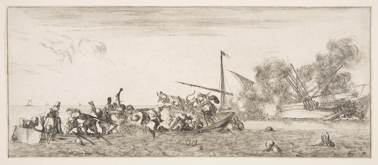 Sjöstrid, en roddbåt fylld med människor som slåss med musköter till vänster, folk drunknar..., ca. 1641. av Stefano della Bella