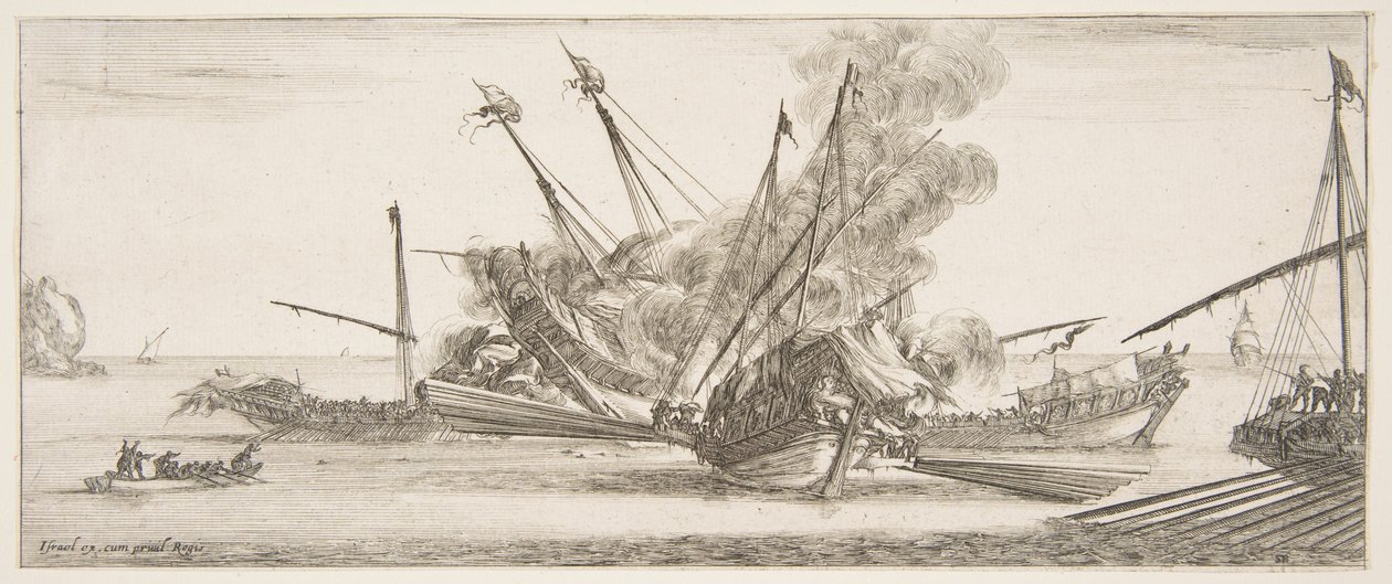 Sjöstrid, ett fartyg i mitten, sett bakifrån, skjuter mot fyra fientliga fartyg, ett annat ..., ca. 1641. av Stefano della Bella
