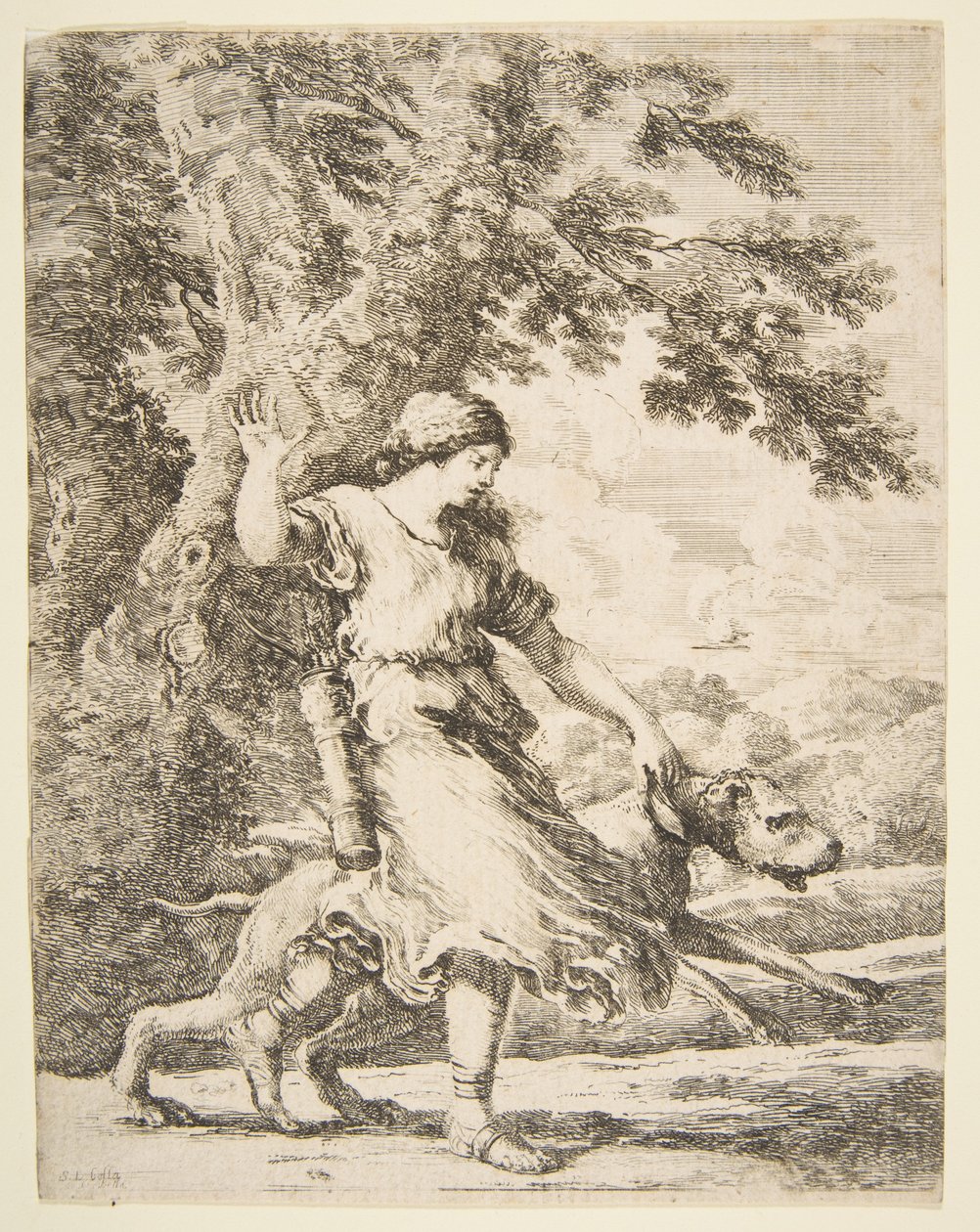 Nymf som håller en stor hund vid halsbandet, ca. 1654. av Stefano della Bella