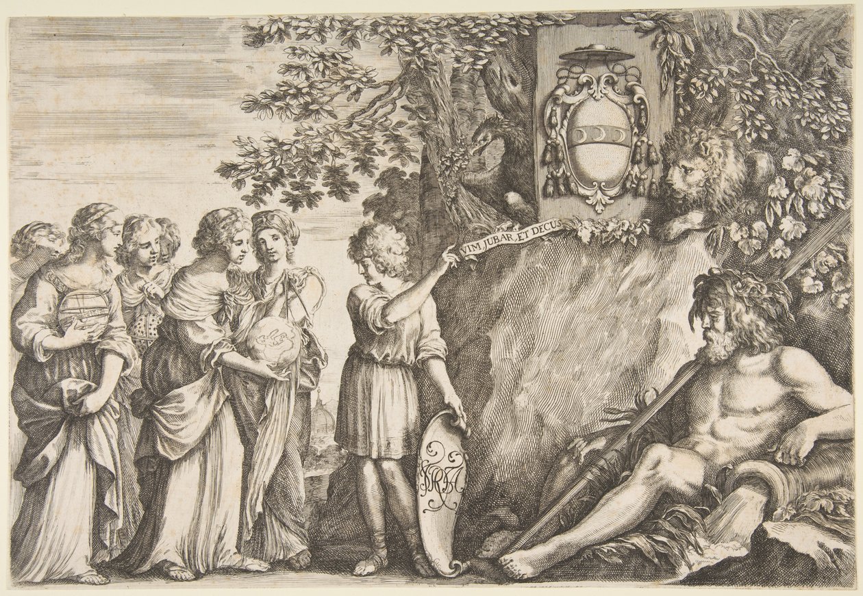 Ornamentdesign för en avhandling, Strozzis vapen upptill, ca. 1660. av Stefano della Bella