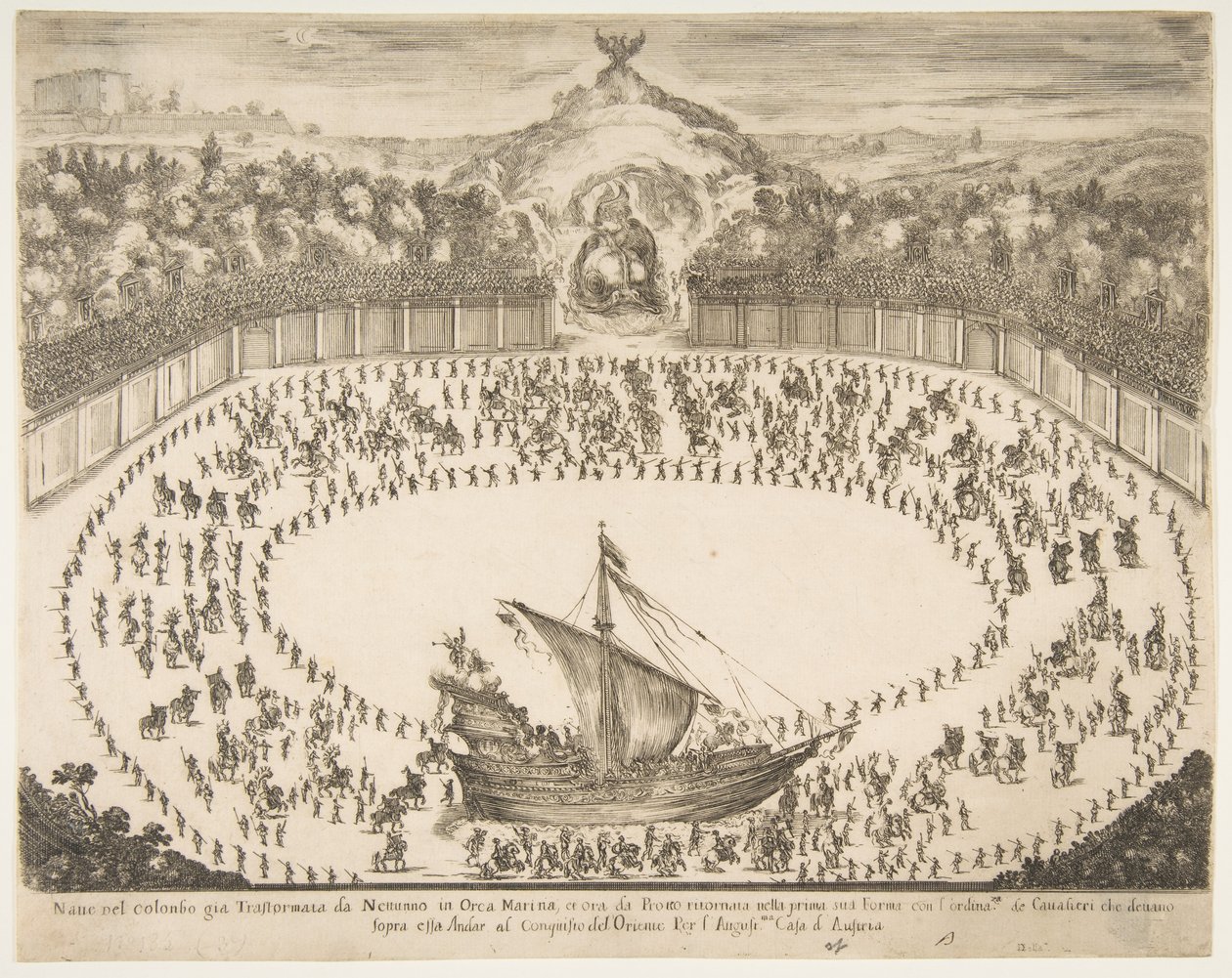 Paradflotta i form av ett skepp, storhertigen av Modenas vapen överst, 1652. av Stefano della Bella