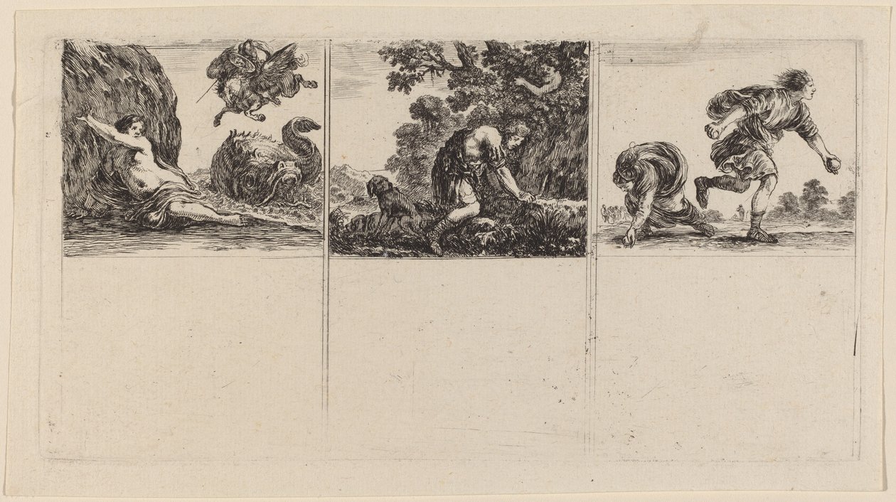 Perseus och Andromeda; Cephalus och Procris; Hippomene och Atalantus av Stefano della Bella