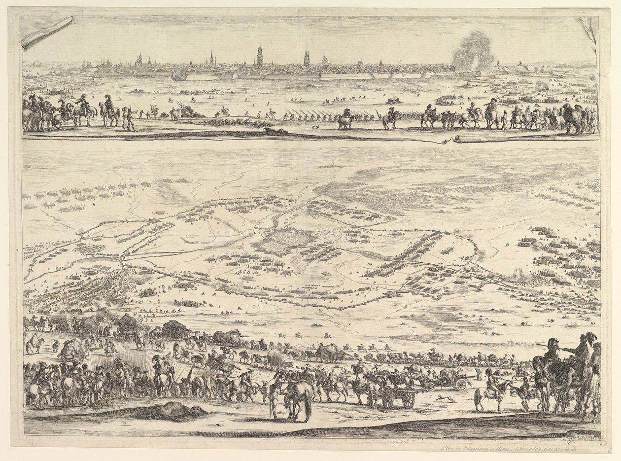 Plan och vy av belägringen av Arras: nedre delen av plattan med en topografisk vy med..., 1641. av Stefano della Bella