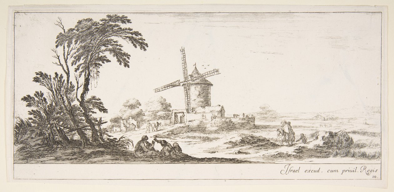 Tavla 10: en familj i mitten av förgrunden, olika figurer och hästar i mitten, en..., ca. 1641. av Stefano della Bella