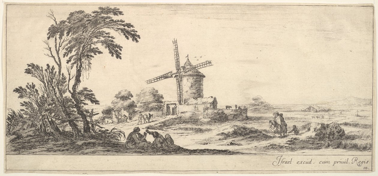 Tavla 10: en familj i mitten av förgrunden, olika figurer och hästar i mitten, en..., ca. 1641. av Stefano della Bella
