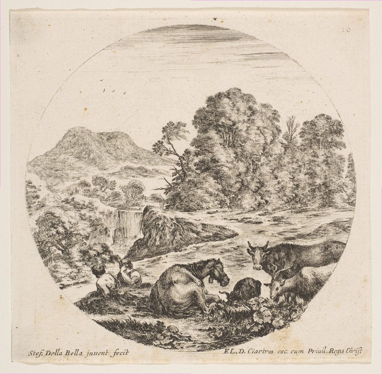 Plåt 10: en häst liggandes i mitten, en ko och två getter till höger, två sittande får..., ca. 1646. av Stefano della Bella