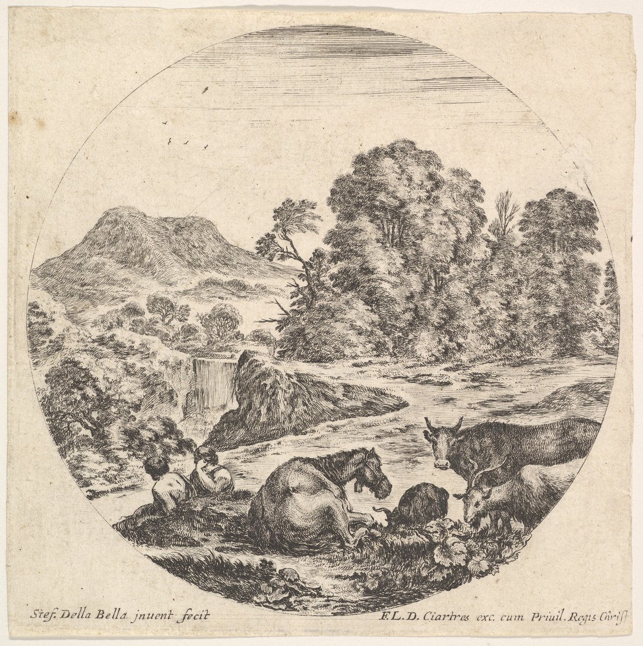 Plåt 10: en häst liggande i mitten, en ko och två getter till höger, två sittande sh..., ca. 1643-48. av Stefano della Bella