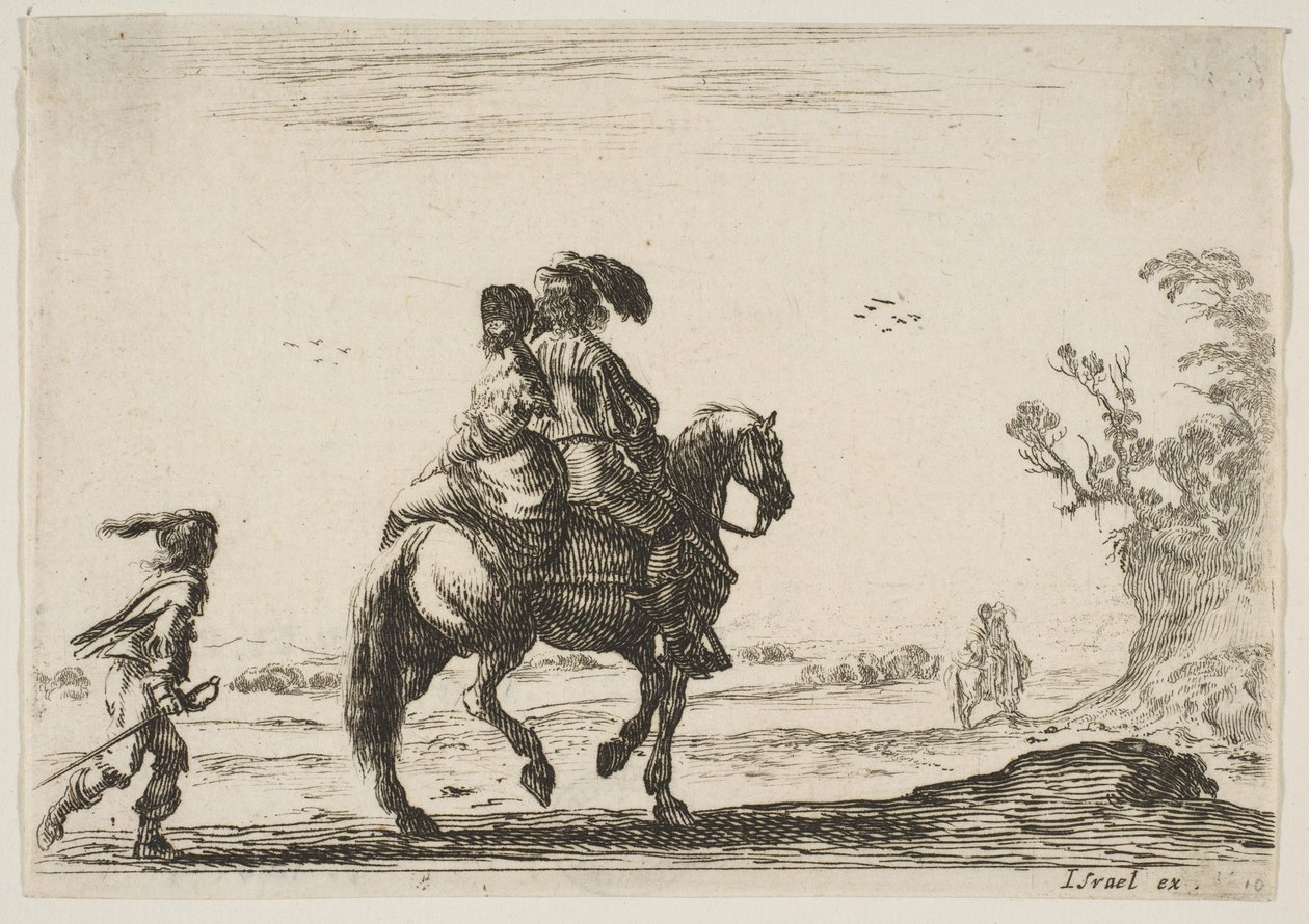 Plåt 10: en ryttare och en kvinna, sedda bakifrån, ridande åt höger med en unge ..., 1642. av Stefano della Bella