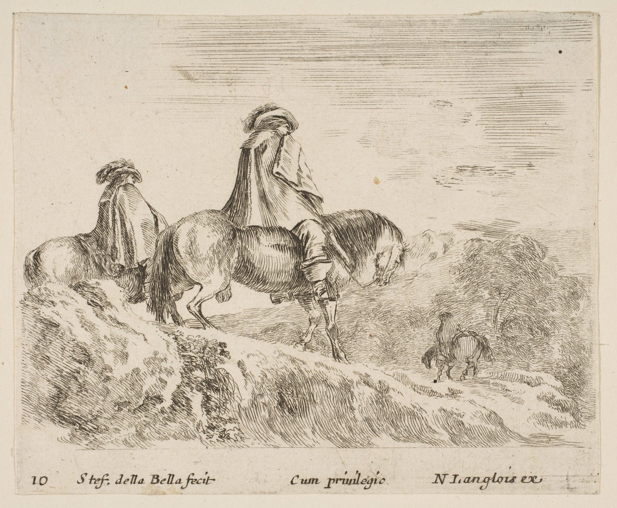 Plåt 10: två ryttare som går ner för ett berg till vänster, en annan ryttare till höger i ..., ca. 1644-47. av Stefano della Bella