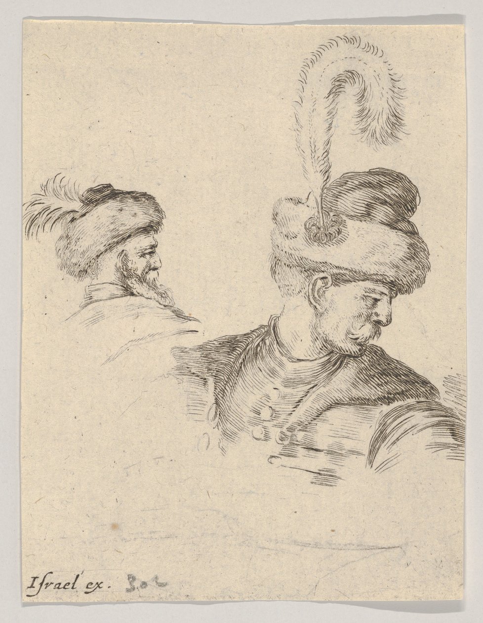 Skylt 11: en polsk byst i profil, vänd åt höger, ytterligare ett polskt huvud sett från..., ca. 1649. av Stefano della Bella