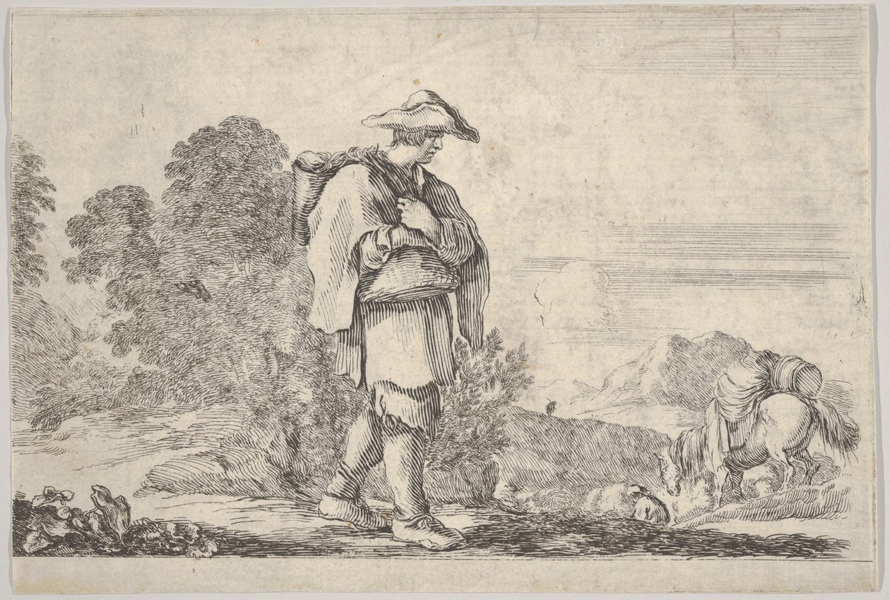 Tavla 11: en bonde som bär hatt i mitten, går åt höger, en häst stiger..., ca. 1641. av Stefano della Bella