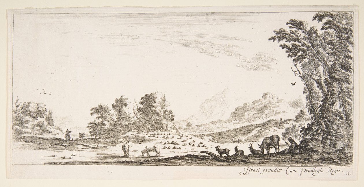 Plåt 11: herdinna som sitter till höger under ett träd och tittar på sin flock till vänster..., ca. 1641. av Stefano della Bella