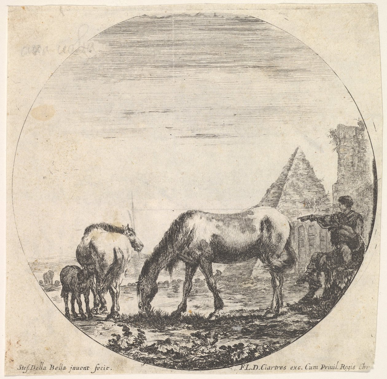 Plåt 11: Caius Cestius pyramid till höger i bakgrunden, en häst som betar ..., ca. 1643-48. av Stefano della Bella