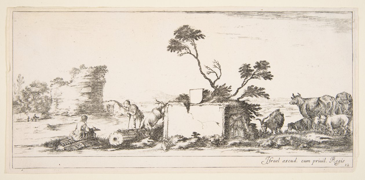Plåt 12: en sittande ritare till vänster, en stående herde bredvid honom till höger, ruin..., ca. 1641. av Stefano della Bella