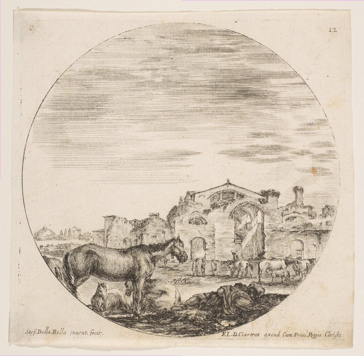 Tavla 12: en herde som sover på marken till höger, tre hästar till vänster, andra hästar..., ca. 1646. av Stefano della Bella