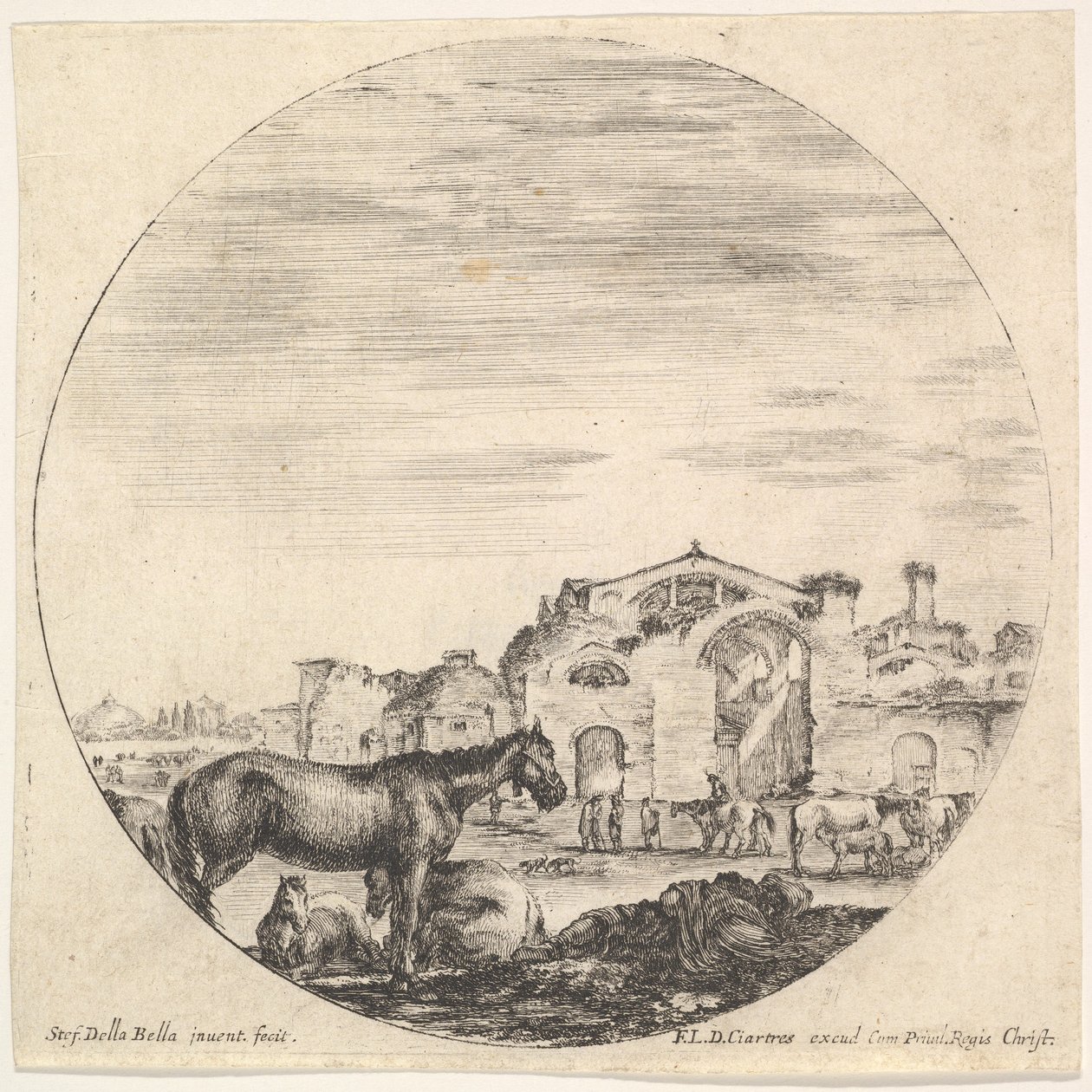 Tavla 12: en herde som sover på marken till höger, tre hästar till vänster, andra h..., ca. 1643-48. av Stefano della Bella