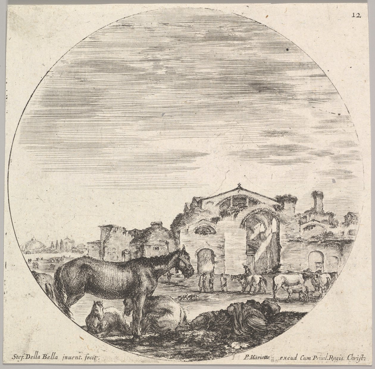 Tavla 12: en herde som sover på marken till höger, tre hästar till vänster, andra h..., ca. 1643-48. av Stefano della Bella