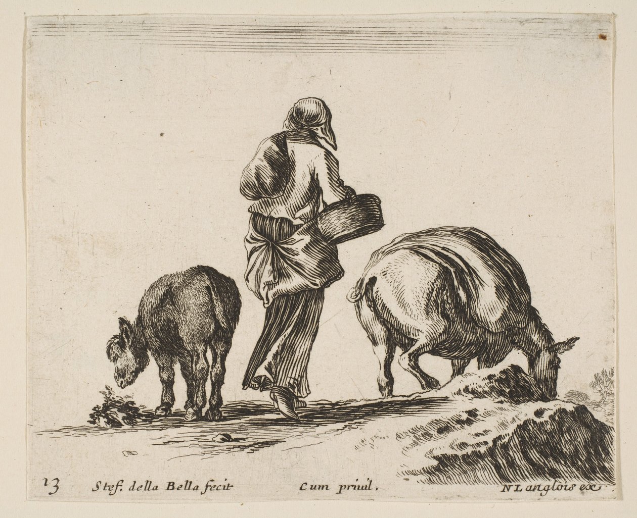 Plåt 13: en bondkvinna, sedd bakifrån, med en korg i mitten, en åsna..., ca. 1644-47. av Stefano della Bella