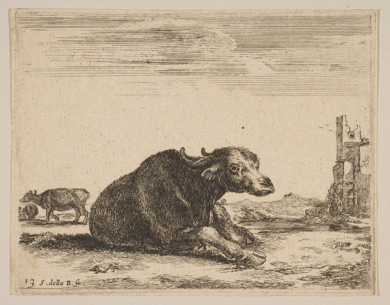 Tallrik 13: buffel liggande, från Diverse djur Diversi animali, ca. 1641. av Stefano della Bella