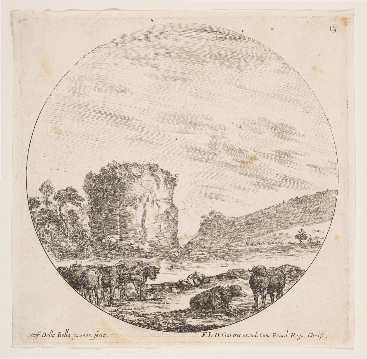 Plåt 13: ruiner av ett tempel i ett romerskt landskap, från romerska landskap och ruiner P..., ca. 1646. av Stefano della Bella
