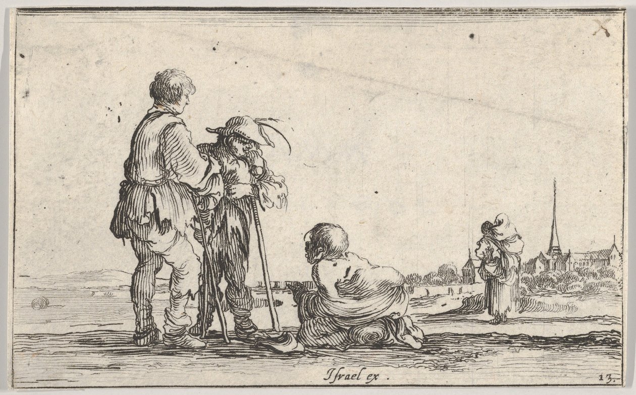 Plåt 13: två bönder står till vänster, en krympling på knä på marken i mitten, en..., ca. 1642. av Stefano della Bella