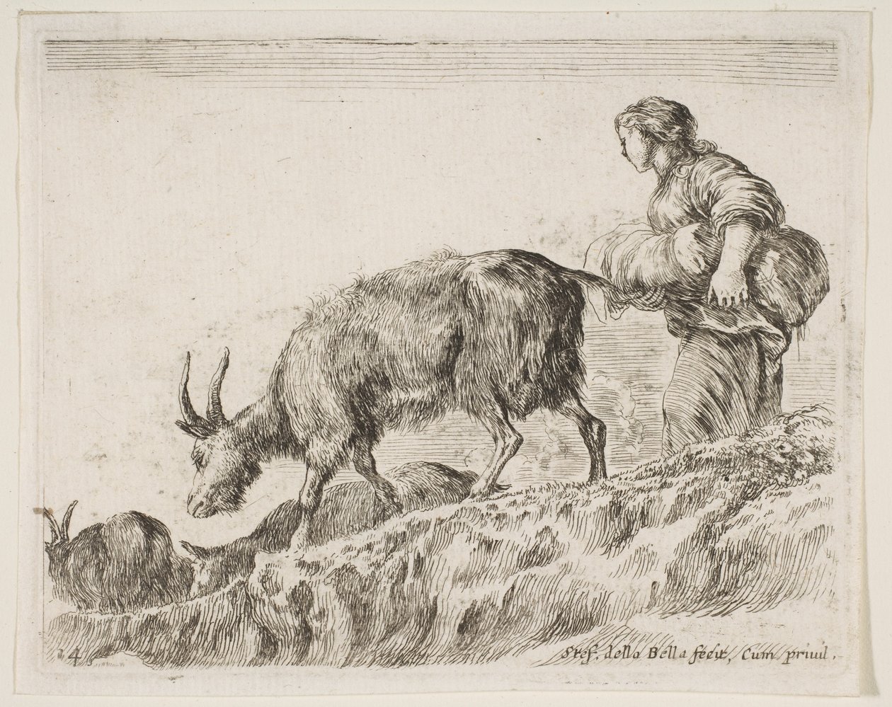 Tavla 14: herdinna som vallar getter, från Diverse djur Diversi animali, ca. 1641. av Stefano della Bella