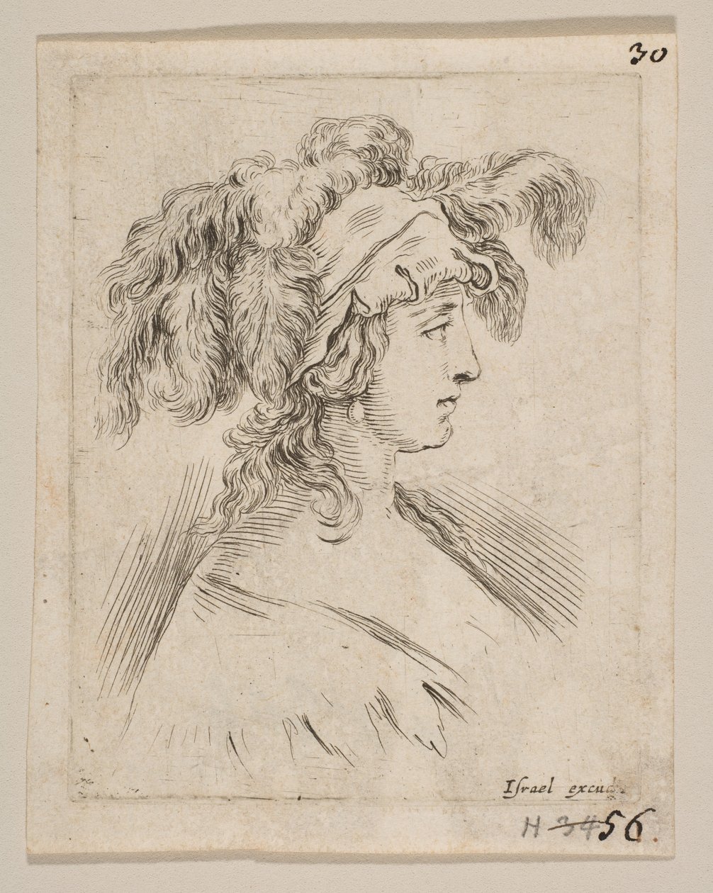 Tallrik 15: mitten av bysten av en ung kvinna i profil bär en hatt toppad med fjädrar, fram..., ca. 1649. av Stefano della Bella