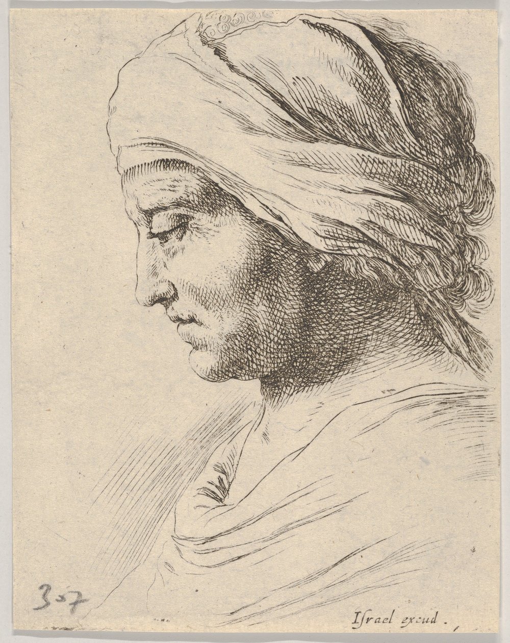 Plåt 16: huvud av en gammal man i profil med en duk knuten runt huvudet, från The B..., ca. 1649. av Stefano della Bella